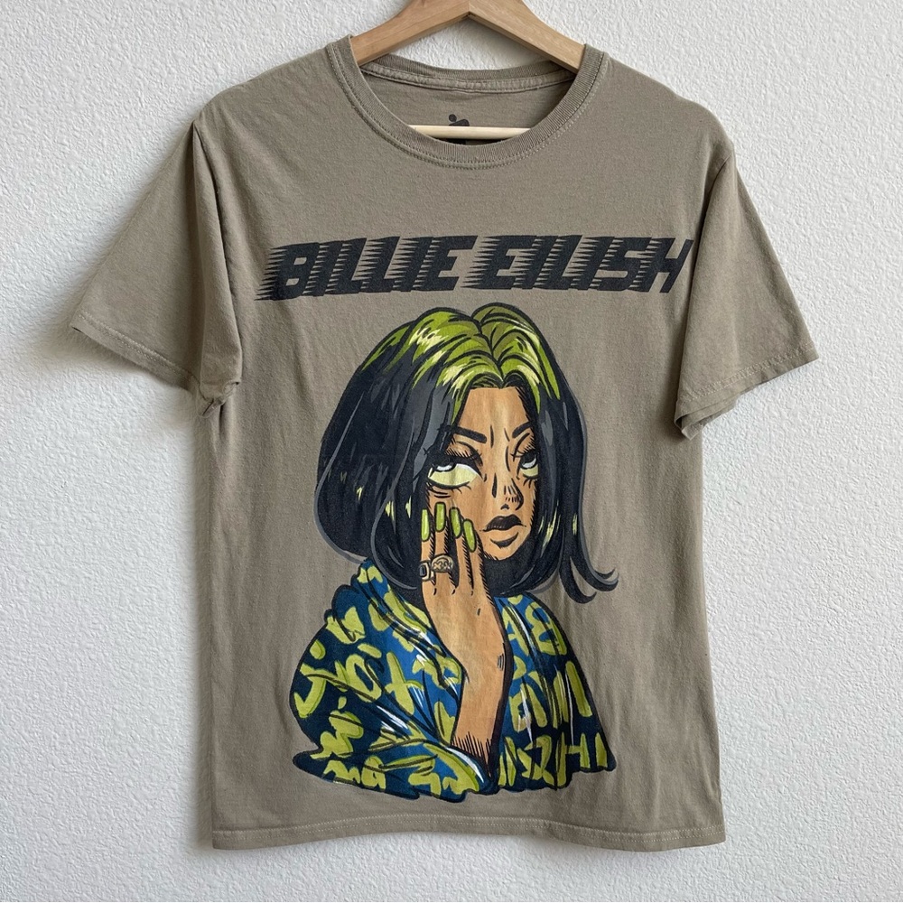BILLIE EILISH Tan Green Anime Cartoon Portrait Graphic Short Sleeve Tee